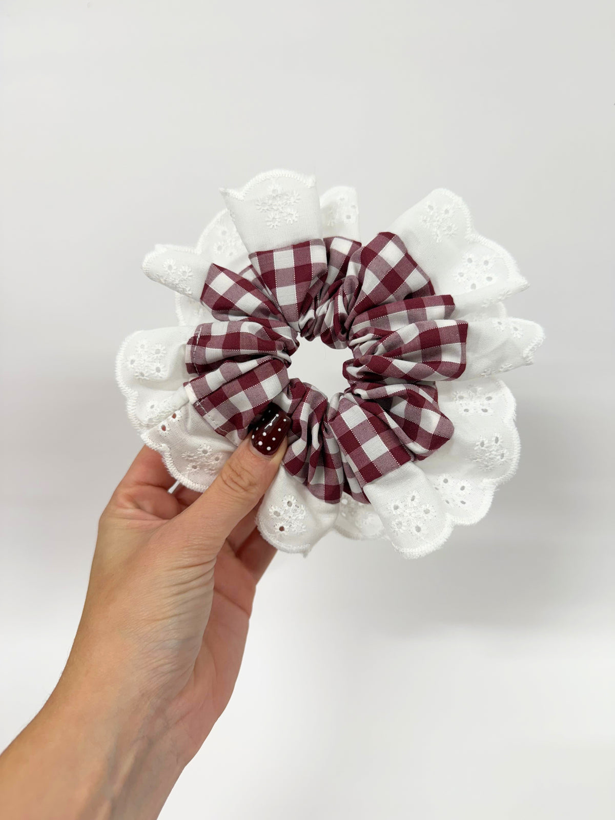 Burgundy Gingham Oversized Ruffle Scrunchie