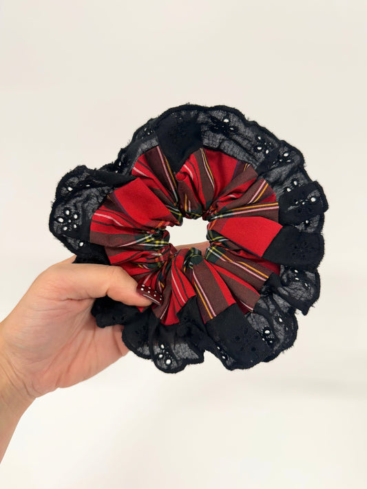 Red Tartan Oversized Ruffle Scrunchie
