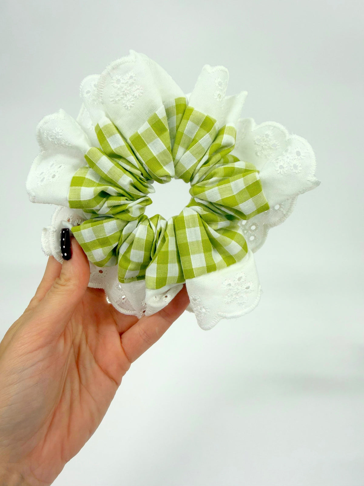 Olive Green Gingham Oversized Ruffle Scrunchie