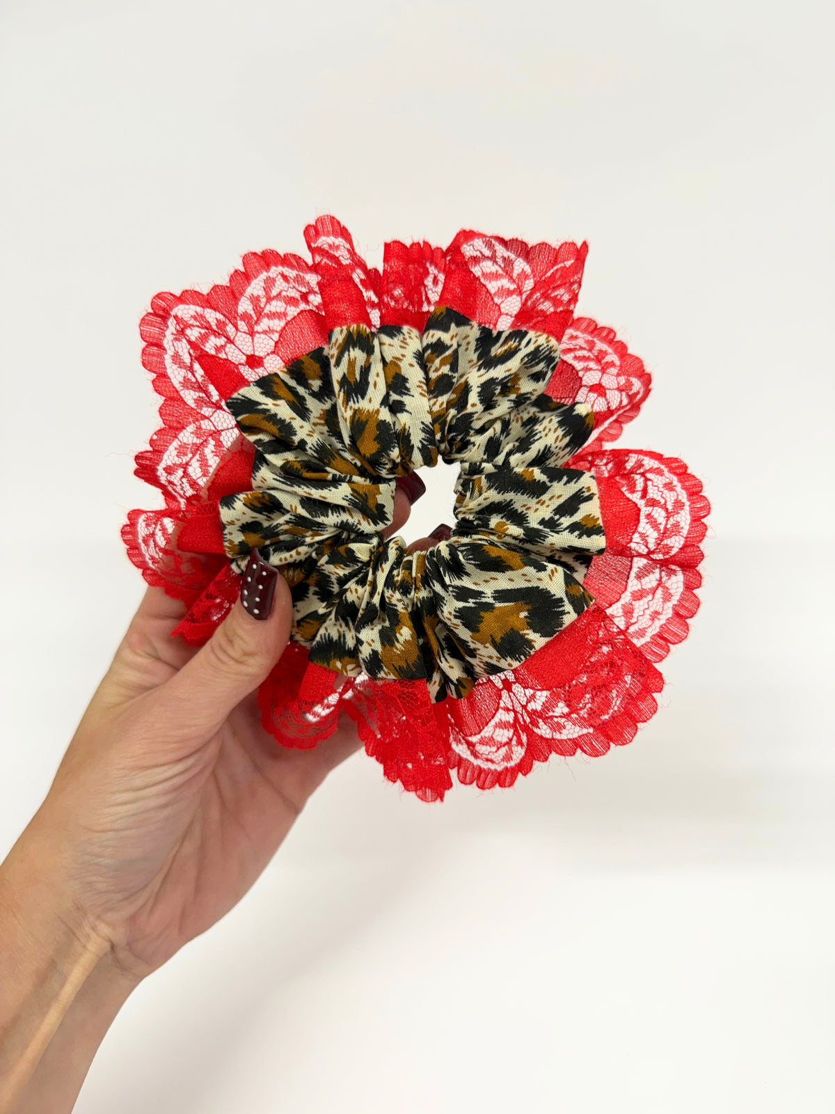 Red Lace Cheetah Oversized Ruffle Scrunchie