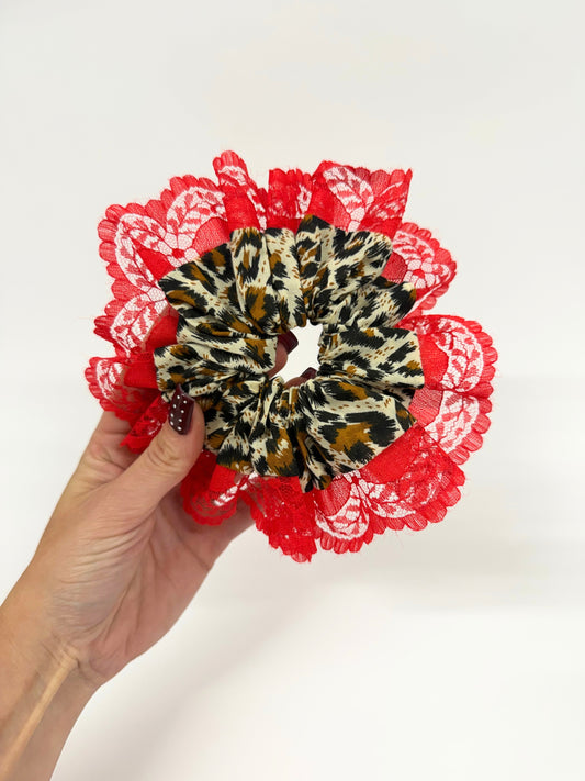 Red Lace Cheetah Oversized Ruffle Scrunchie
