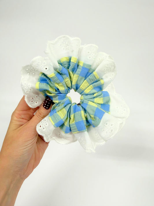 Blueberry & Lemon Gingham Oversized Ruffle Scrunchie