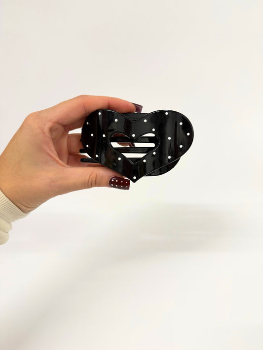 Black Heart Polka Dot Flat Claw Clip