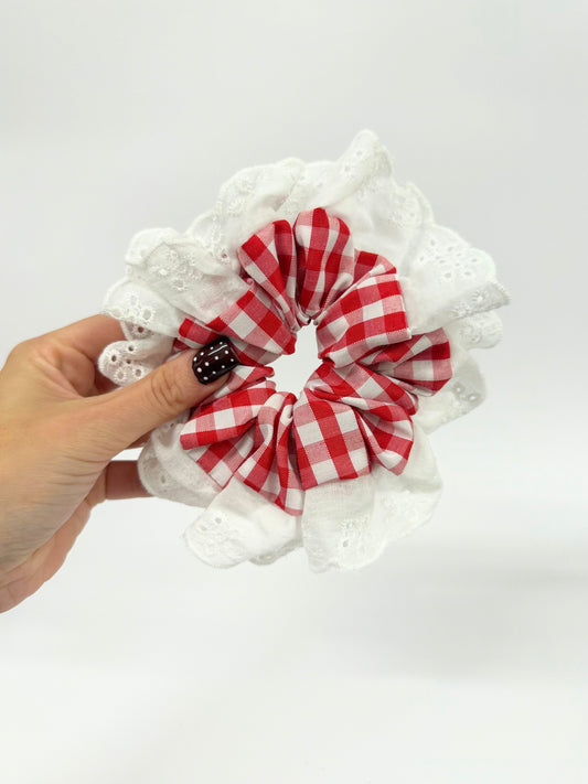 Red Gingham Oversized Ruffle Scrunchie
