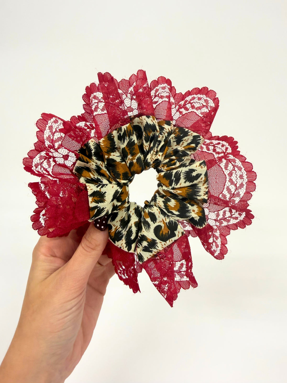 Burgundy Lace Cheetah Oversized Ruffle Scrunchie