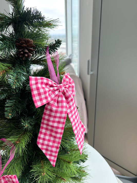 Hot Pink Gingham Bow Christmas Tree Bauble