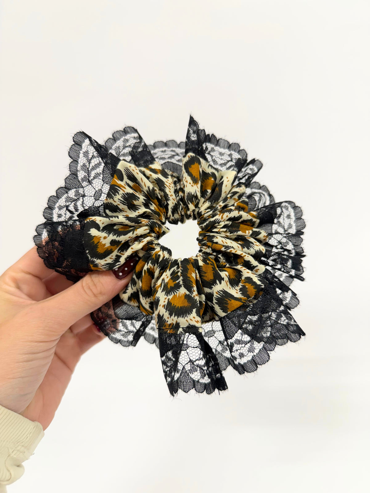Black Lace Cheetah Oversized Ruffle Scrunchie