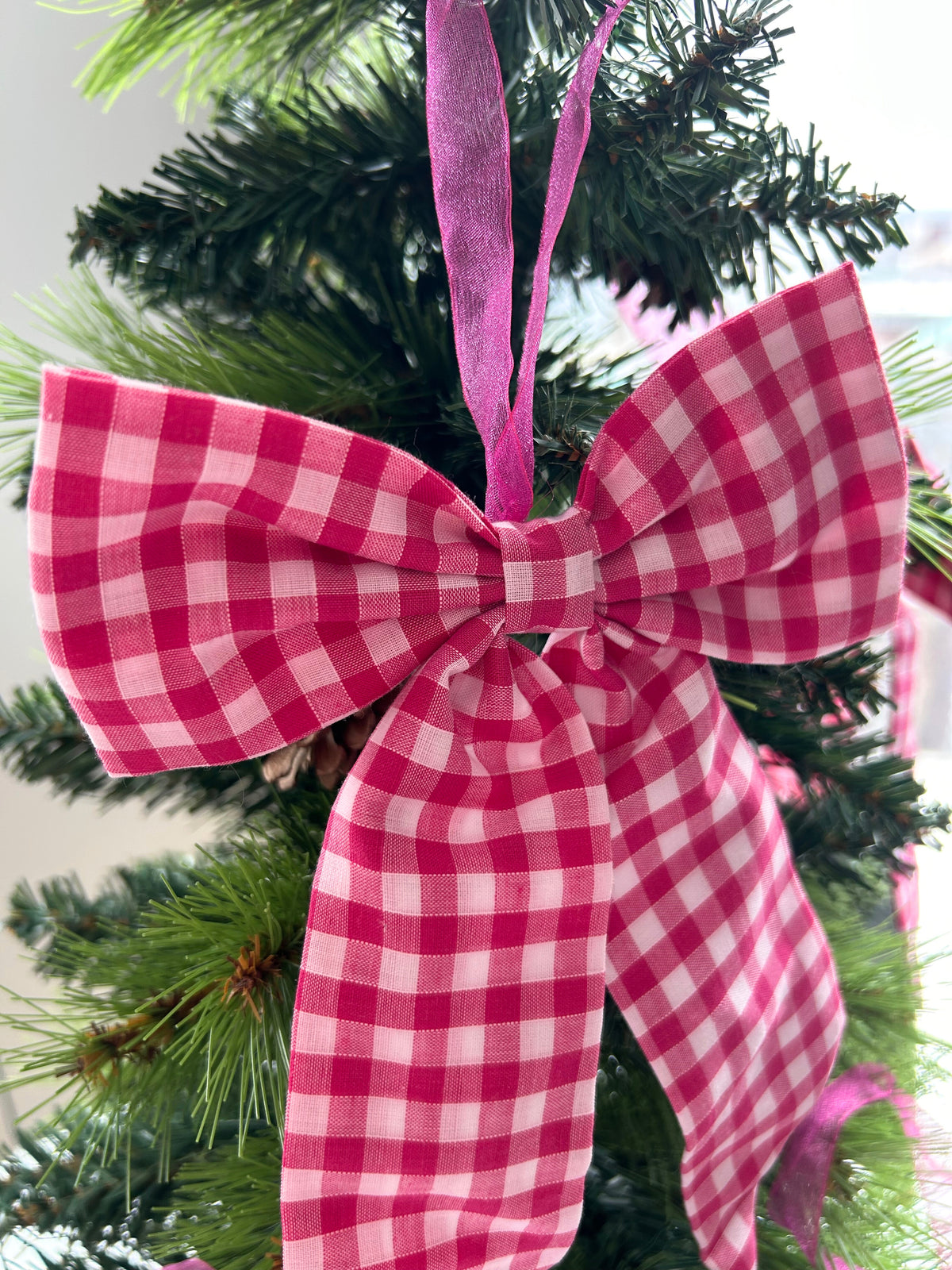 Hot Pink Gingham Bow Christmas Tree Bauble