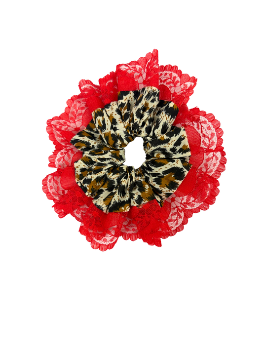 Red Lace Cheetah Oversized Ruffle Scrunchie