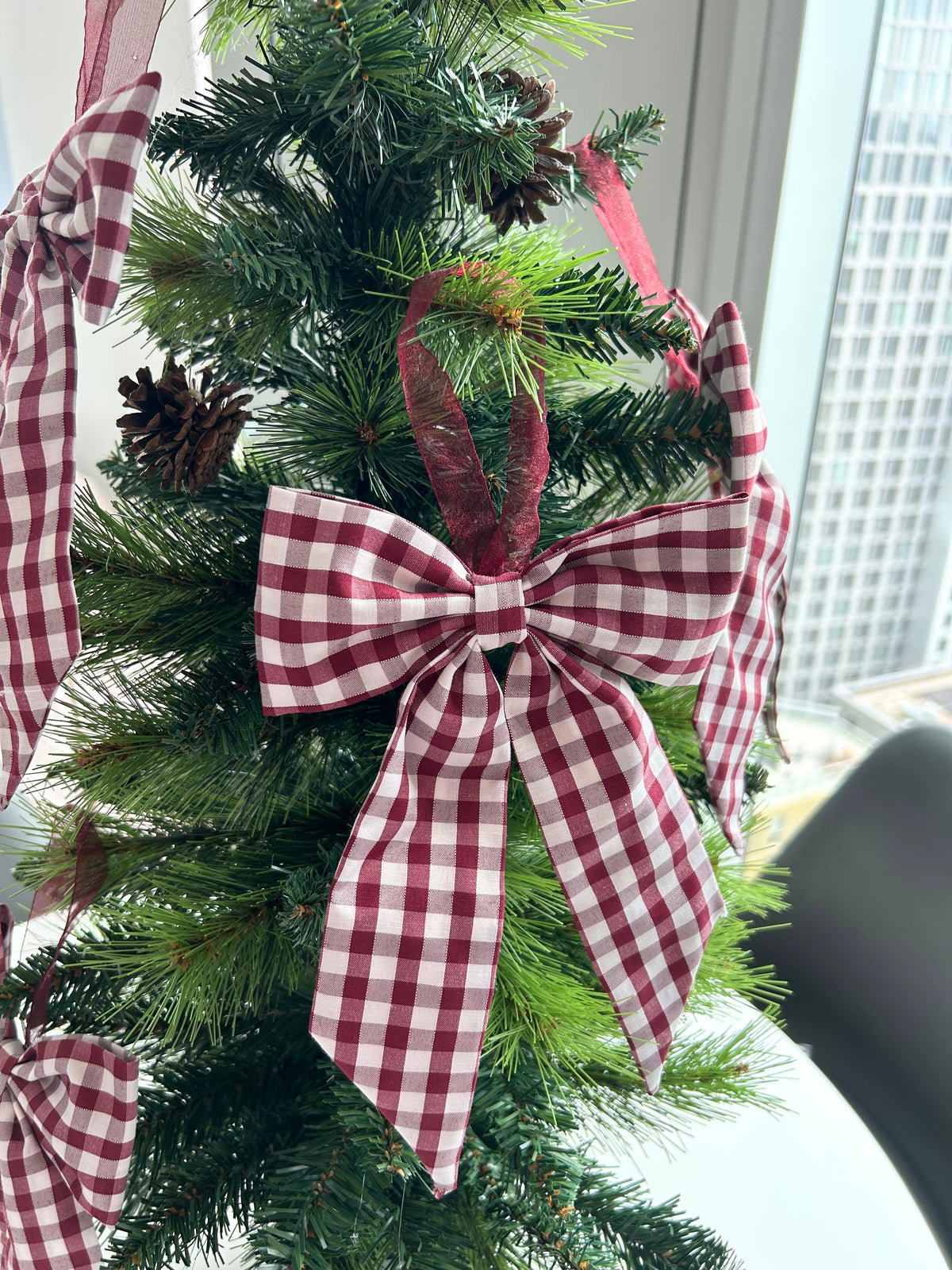 Burgundy Red Gingham Bow Christmas Tree Bauble