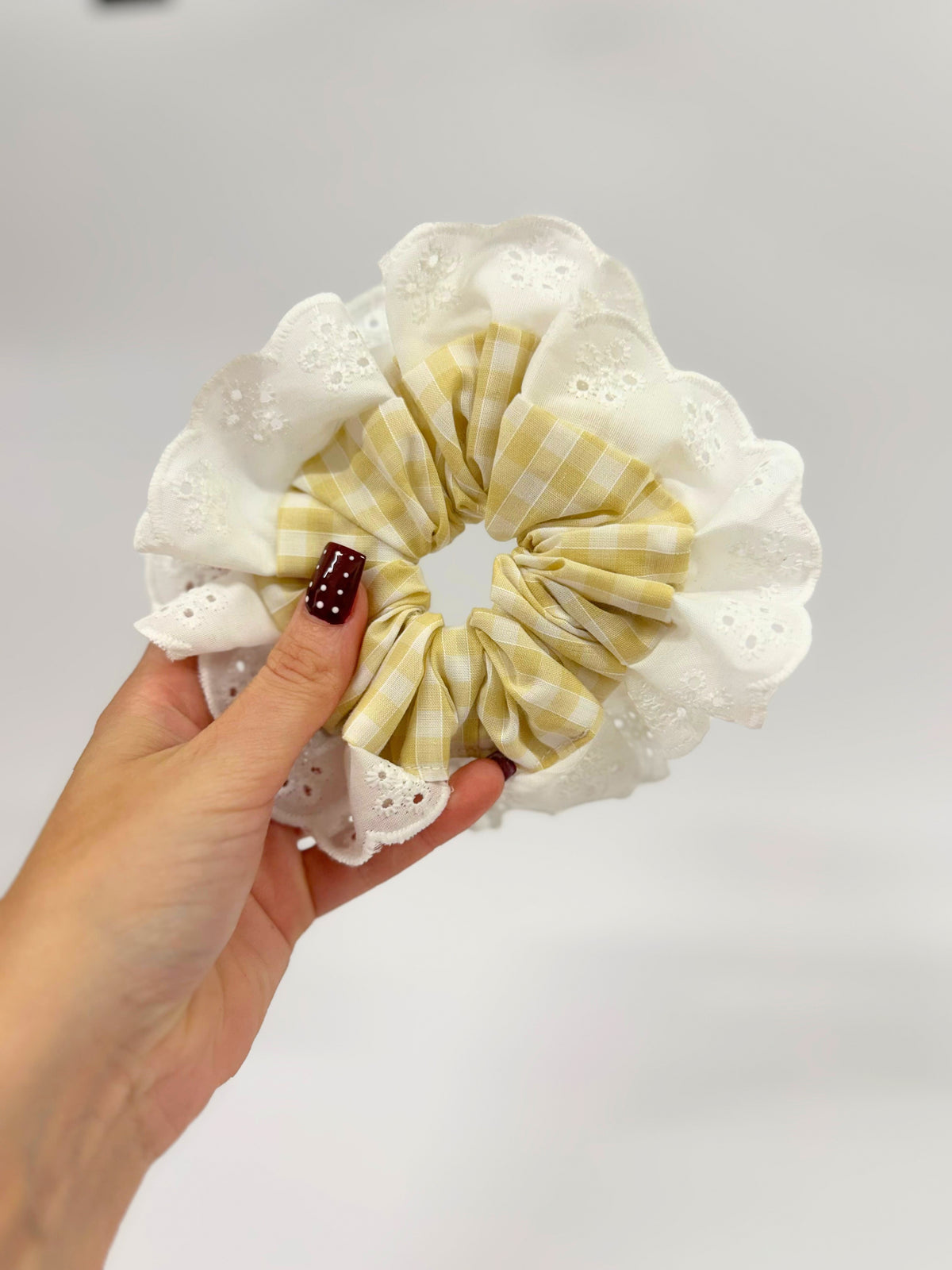 Nude Gingham Oversized Ruffle Scrunchie