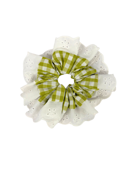 Olive Green Gingham Oversized Ruffle Scrunchie