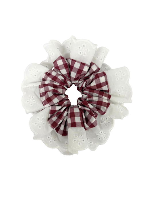 Burgundy Gingham Oversized Ruffle Scrunchie