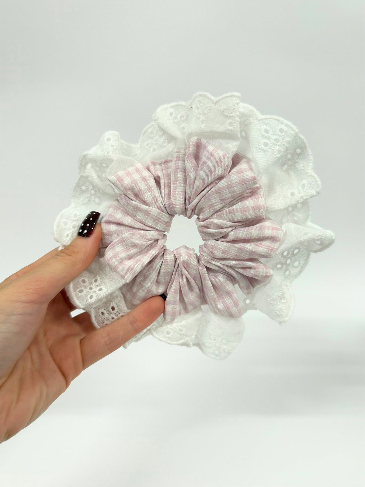 Baby Pink Gingham Oversized Ruffle Scrunchie