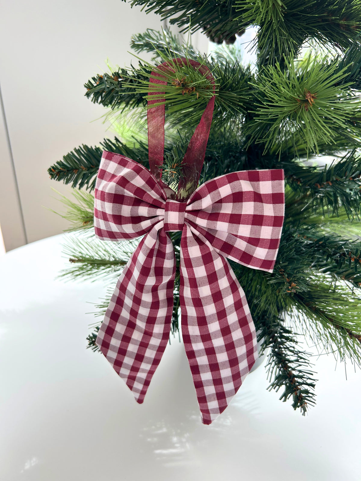 Burgundy Red Gingham Bow Christmas Tree Bauble