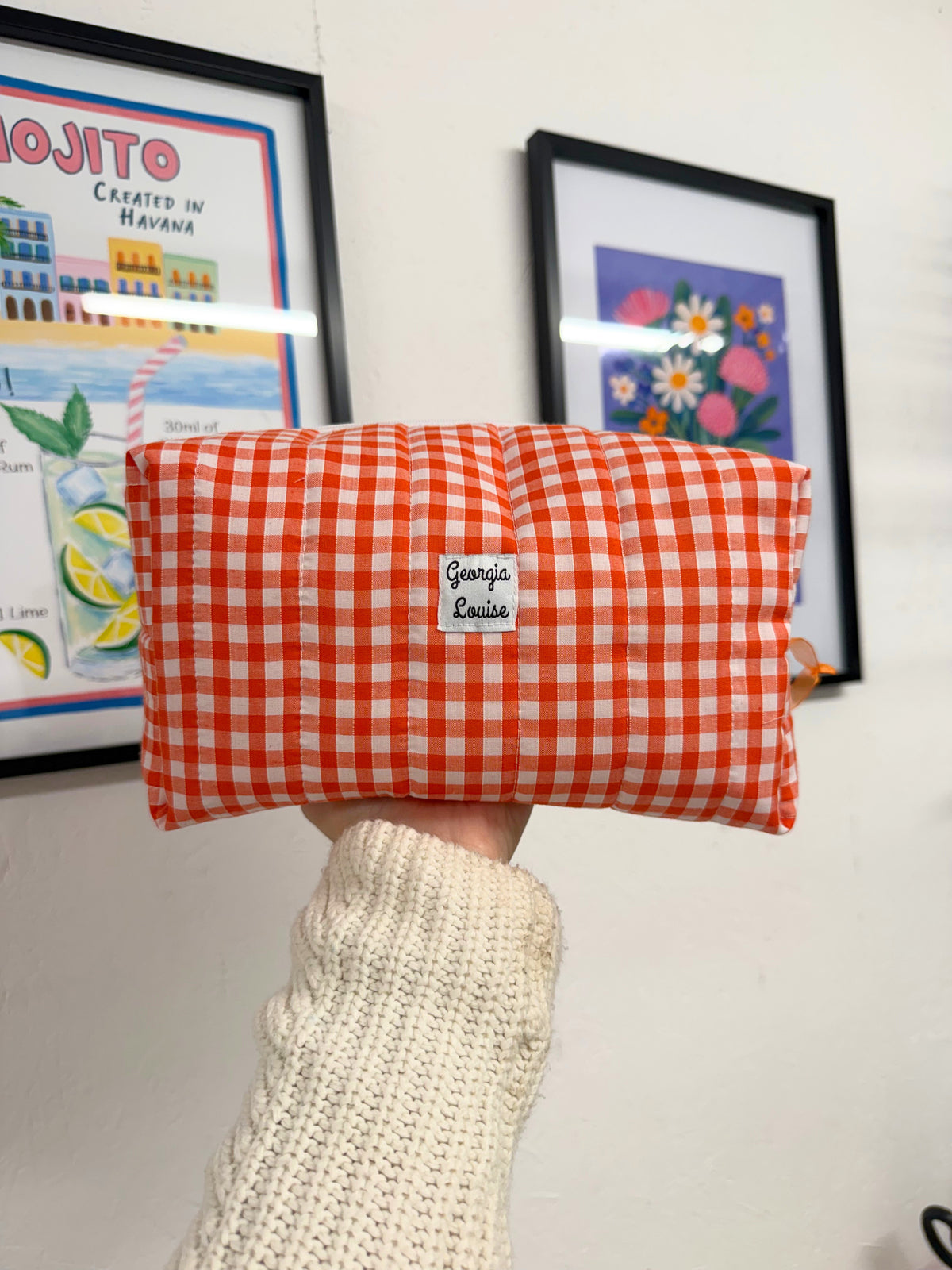 Orange Gingham Large Makeup Bag