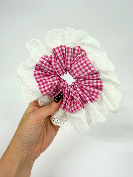 Dark Pink Gingham Oversized Ruffle Scrunchie