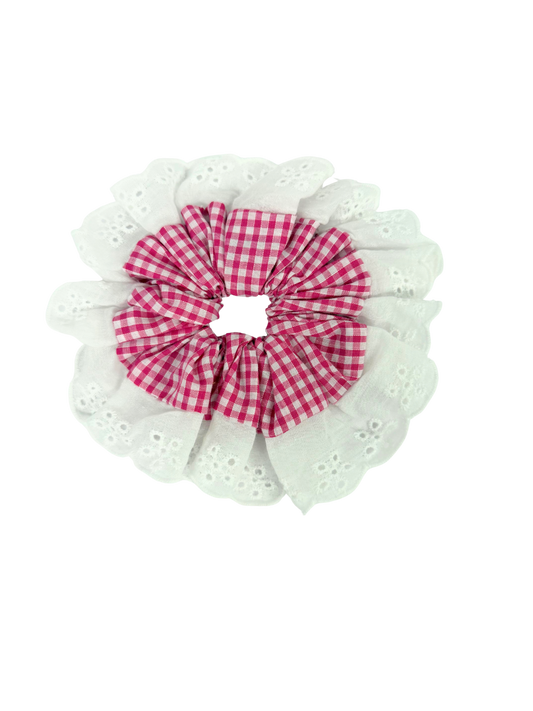 Dark Pink Gingham Oversized Ruffle Scrunchie