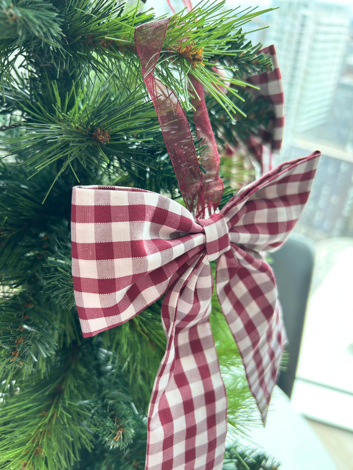 Burgundy Red Gingham Bow Christmas Tree Bauble