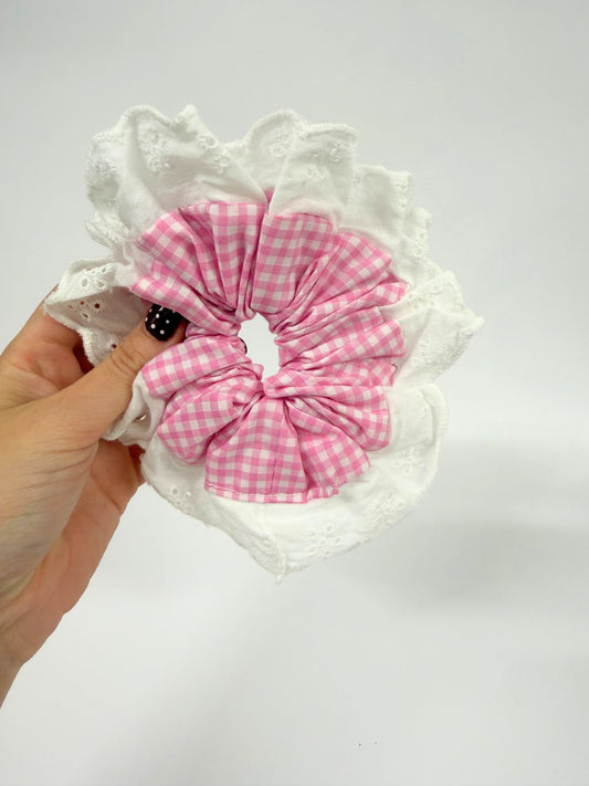 Pink Gingham Oversized Ruffle Scrunchie