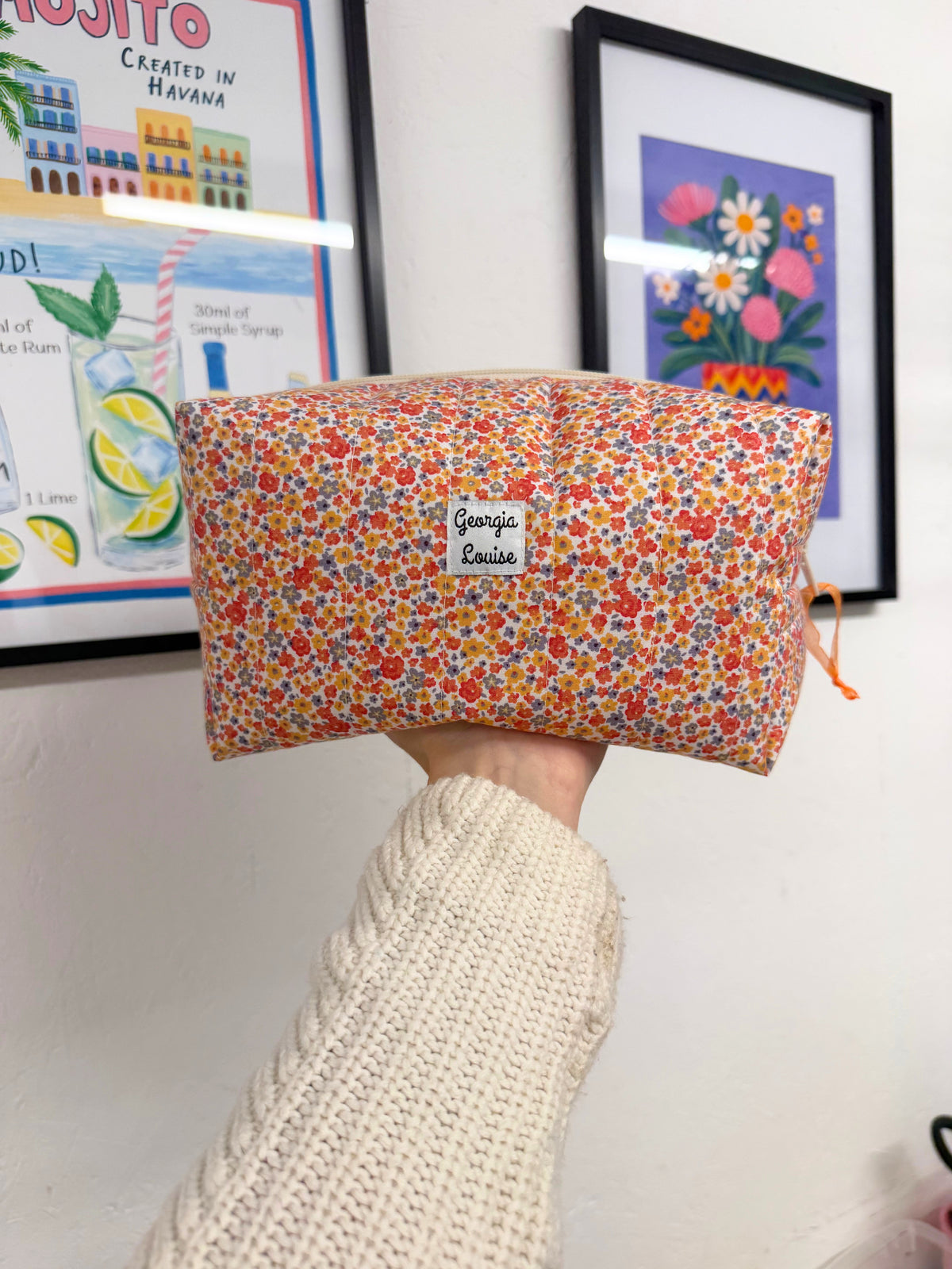 Orange Floral Large Makeup Bag
