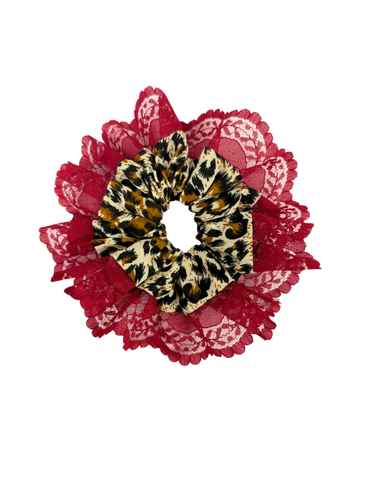 Burgundy Lace Cheetah Oversized Ruffle Scrunchie