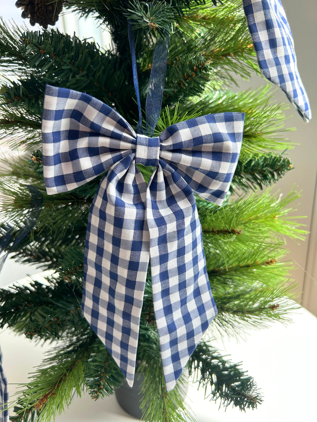 Navy Blue Gingham Christmas Tree Bow