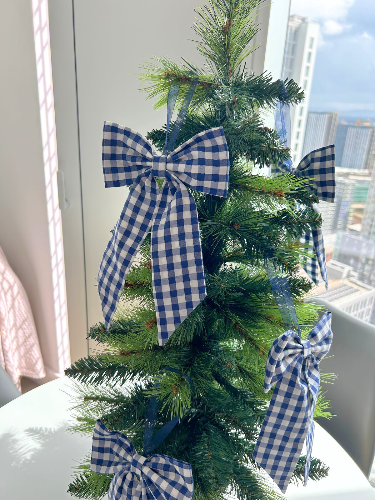 Navy Blue Gingham Christmas Tree Bow