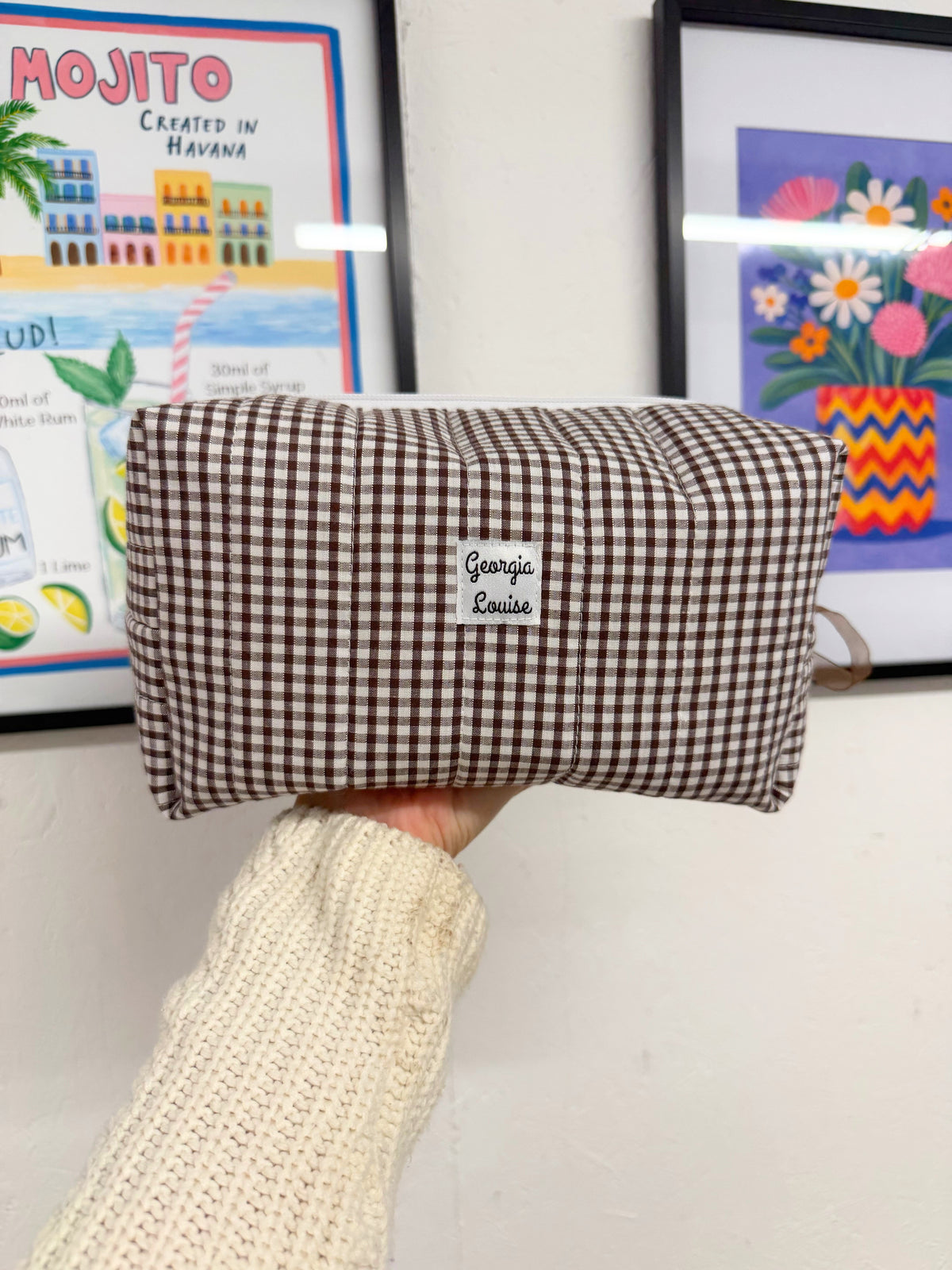 Brown Gingham Large Makeup Bag