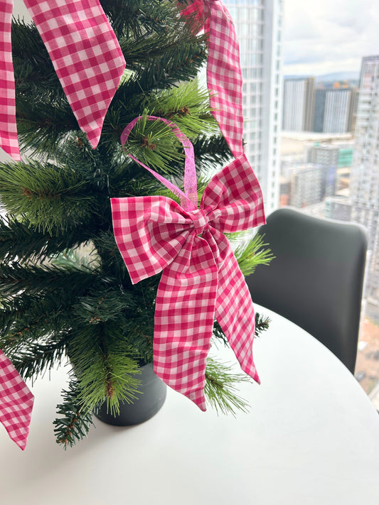 Hot Pink Gingham Bow Christmas Tree Bauble